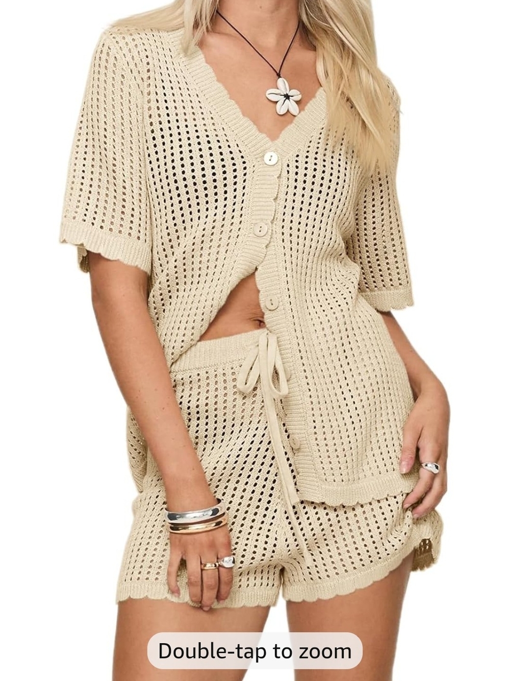 Saodimallsu Womens Crochet Swimsuit Coverup Sets Short Sleeve V Neck Button Tops
